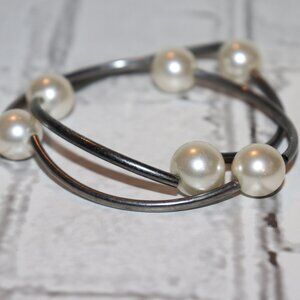 🤍 Silver Bracelet Set with Faux Pearls · 8" · Elastic Fit · Vintage Charm ✨